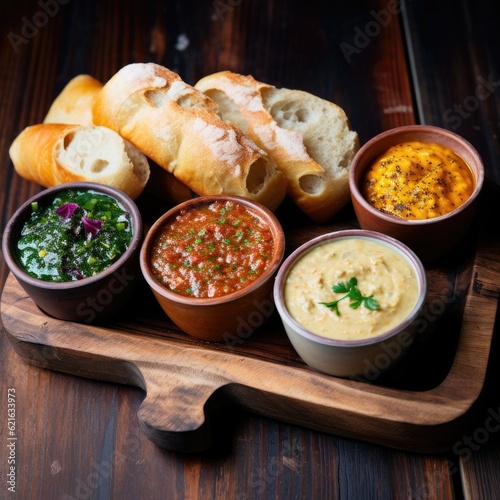 a rustic shot of fresh bread and a selection of dips, generative ai