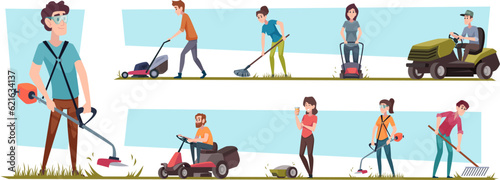 Garden care. People with lawn moving machine care green grass outdoor exact vector illustrations set