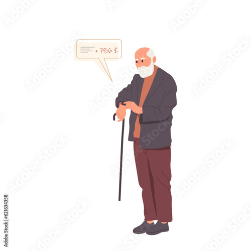 Retired grey-haired senior man character using smartwatch for shopping or checking bank account