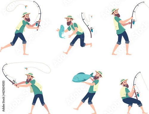 Fisherman. Sailor hobby summer fishing on river exact vector cartoon illustrations