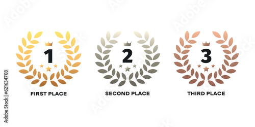 Laurel wreath of victory icon, set of gold, silver and bronze medals V2. Vector.