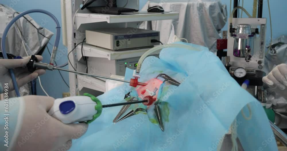 The hands of a veterinary surgeon operate an endoscopic instrument in