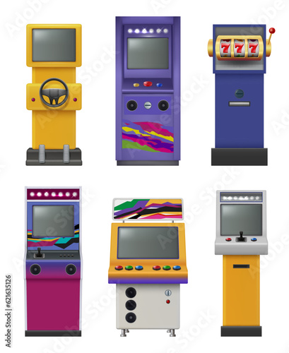 Retro game machines. Arcade slot and gambling machines decent vector computer gaming
