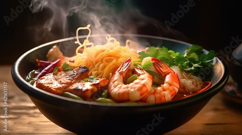  a bowl of noodles with shrimp, carrots, and cilantro. generative ai