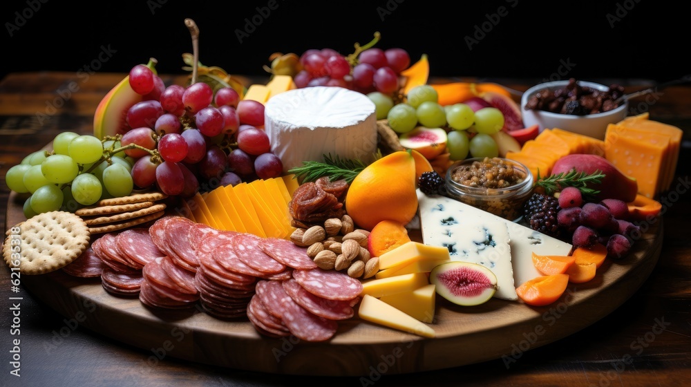 a shot of a colorful charcuterie board filled with meats and cheeses, generative ai a shot of a colorful charcuterie board filled with meats and cheeses, generative ai