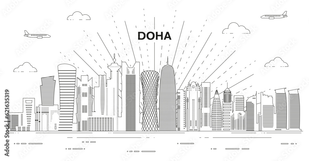 Doha skyline line art vector illustration