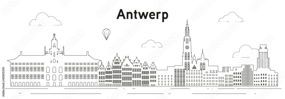 Antwerp skyline line art vector illustration