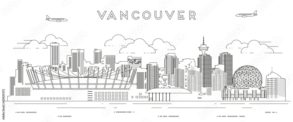 Vancouver skyline line art vector illustration