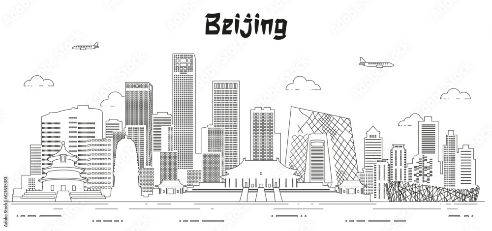 Beijing skyline line art vector illustration
