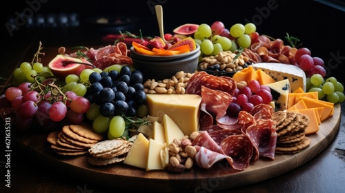 a shot of a colorful charcuterie board filled with meats and cheeses, generative ai