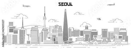 Seoul skyline line art vector illustration