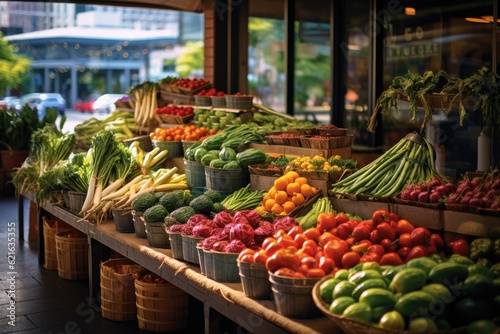 a vibrant shot of a farmers market, generative ai