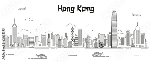 Hong Kong skyline line art vector illustration