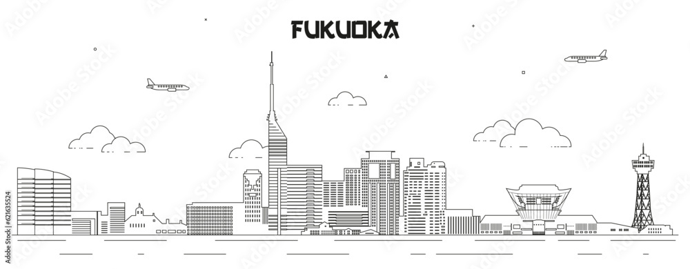 Fukuoka skyline line art vector illustration