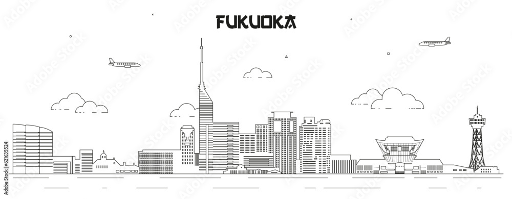 Fukuoka skyline line art vector illustration Fukuoka skyline line art vector illustration