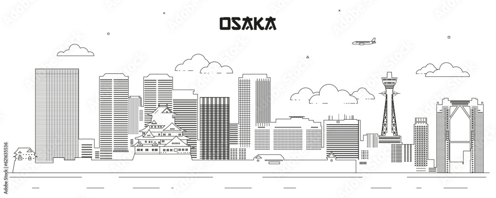 Naklejka premium Osaka skyline line art vector illustration