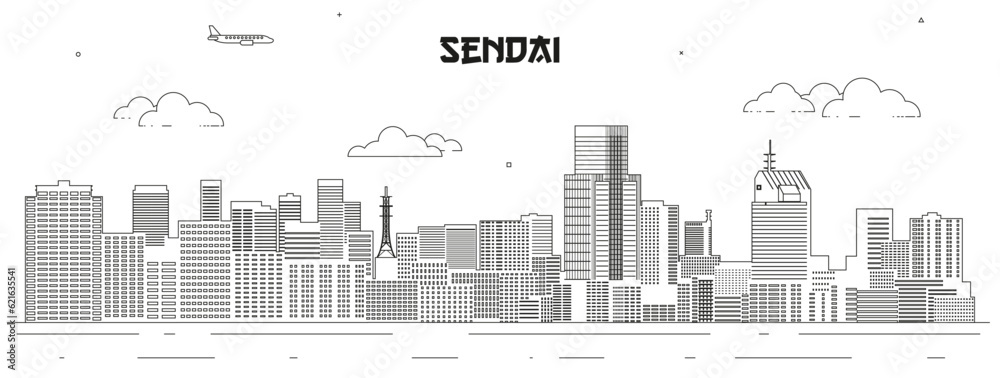 Sendai skyline line art vector illustration