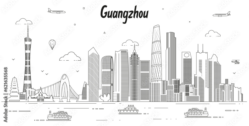 Guangzhou skyline line art vector illustration