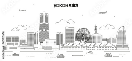 Billede på lærred Yokohama skyline line art vector illustration