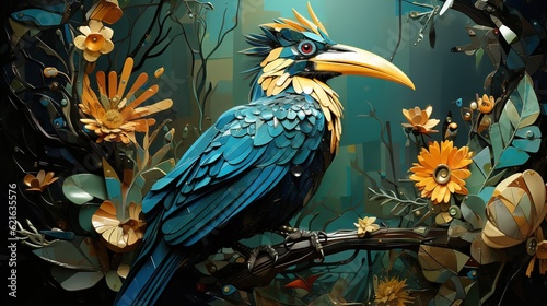  a painting of a bird sitting on a branch with flowers. generative ai