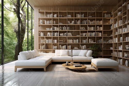 ontemporary Reading Bliss: Immerse Yourself in the Modern Minimalist Home Library Design with a Sofa, a Haven of Serenity photo
