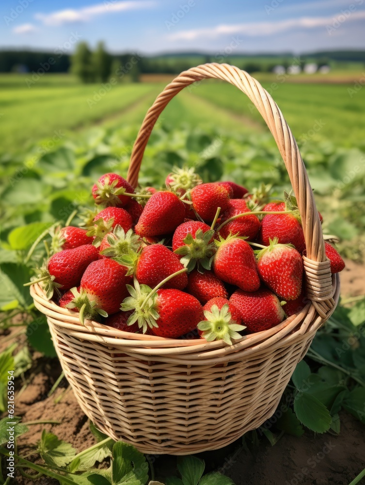 freshly harvested strawberries in a basket with a field in the background, generative ai freshly harvested strawberries in a basket with a field in the background, generative ai