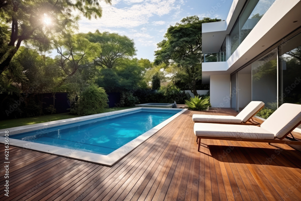 Sleek Contemporary Retreat: Discover the Harmony of Modern Minimalist Pool Design with a Deck