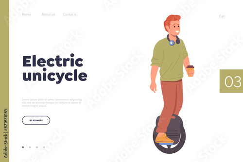 Electric unicycle landing page design template with happy teen boy riding ecology wheeled transport