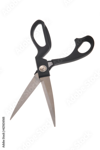 Red scissors on white background.