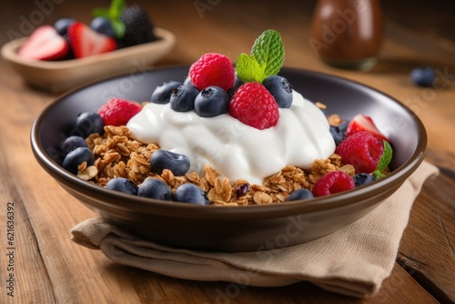 a bowl of greek yogurt topped with granola and fresh fruit, generative ai