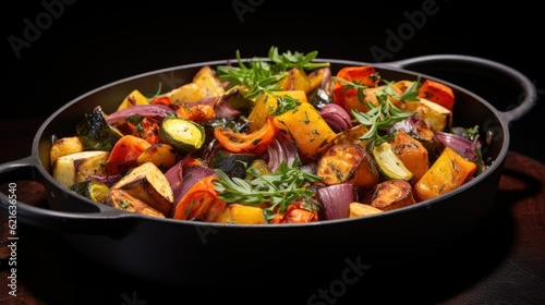 a pan filled with roasted vegetables shot from an, generative ai