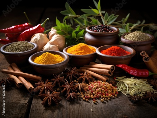an arrangement of a variety of spices and herbs  generative ai