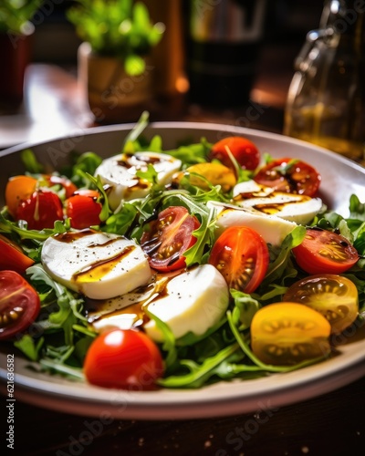 close-up of a vibrant fresh salad with arugula cherry tomatoes  generative ai