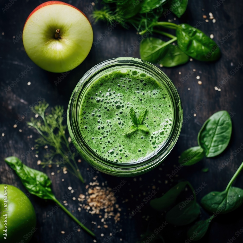 aerial view of a fresh green smoothie with spinach, generative ai aerial view of a fresh green smoothie with spinach, generative ai