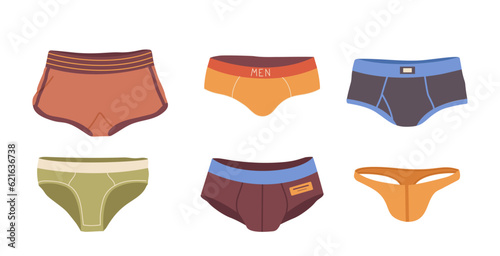 Isolated cartoon set of colorful cotton man underpants, textile bikini, strings and brief boxers
