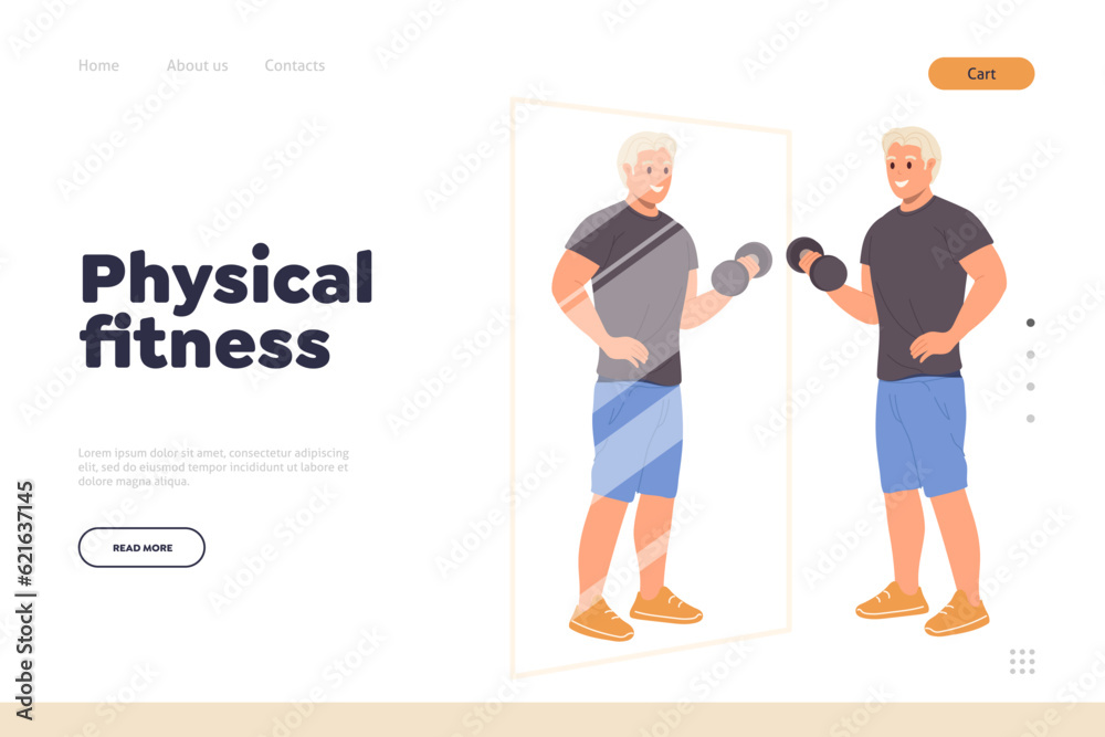 Obraz premium Physical fitness concept for landing page design template with athletic man training using dumbbells