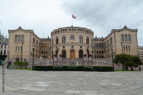 The front of Norwegian Parliament Stortinget in Oslo city center, Norway