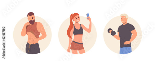 Strong healthy people athletic cartoon characters round icon composition isolated on white