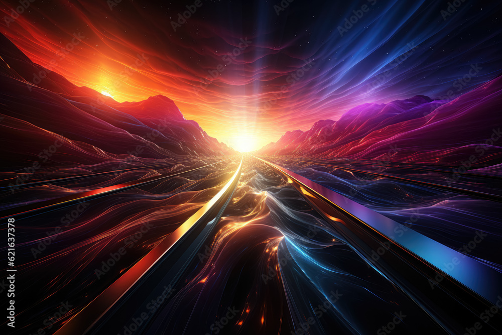 Journey through a dark tunnel illuminated by rainbow colors in an ...