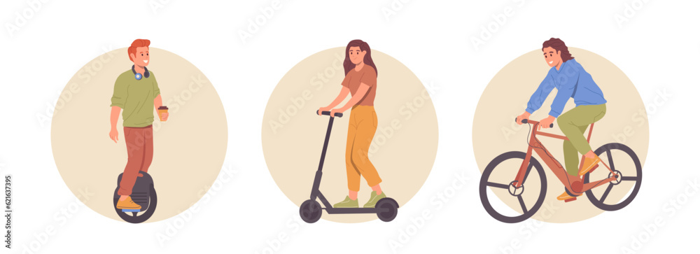 Isolated set of round icon composition of happy people character using eco-friendly electric vehicle