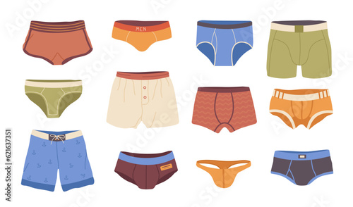 Isolated set of men panties and trunks on white background, casual male comfortable underwear