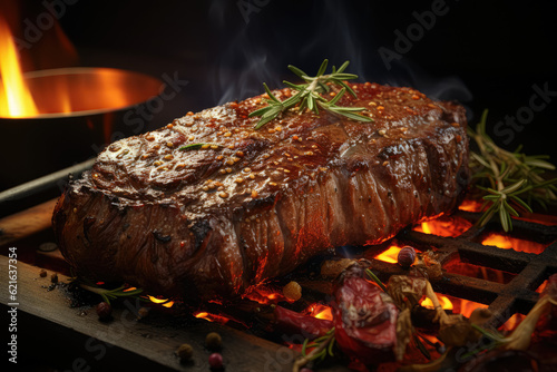 Indulge in the sizzling delight of a beef ribeye steak grilling on a flaming grill, capturing the aroma, taste, and culinary artistry of a perfectly cooked piece of meat. Generative Ai, Ai.