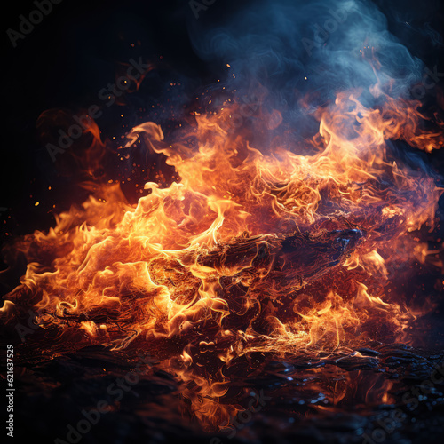 Vibrant fire flames captured on a black background. Generative Ai, Ai.