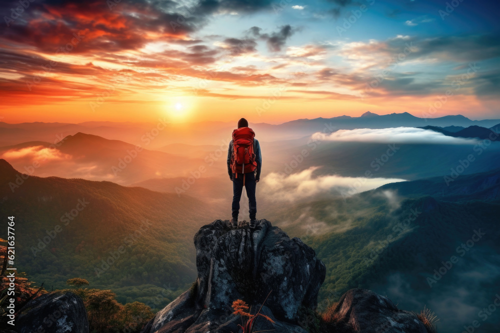 Fototapeta premium Tourist with backpack on the peak looks on the sunset. Sport and active life concept. Generative AI