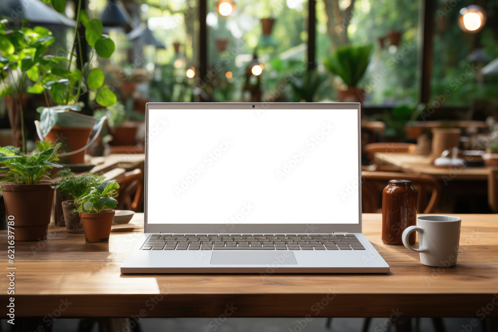 Laptop with a blank screen placed on a table. Generative Ai, Ai. Laptop with a blank screen placed on a table. Generative Ai, Ai.