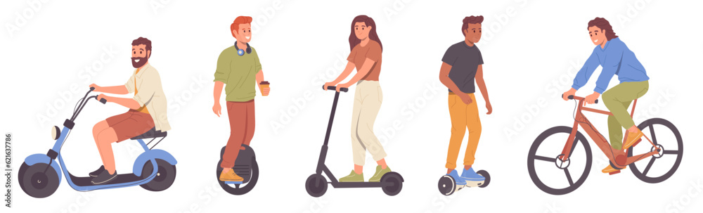 Set of diverse people cartoon character riding personal electric ...