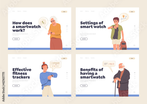 Set of landing page template offering smartwatch device and different application for users
