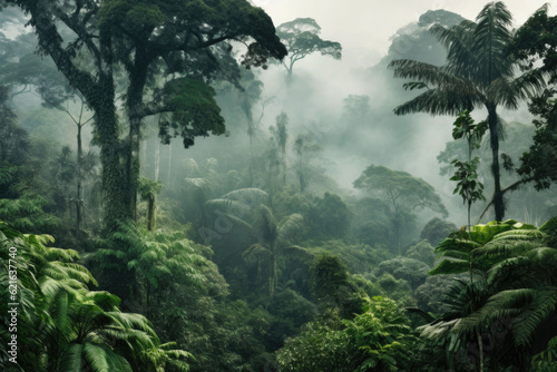 Rainforest landscape with trees and fog. Climate change and renewable energy. Generative AI © barmaleeva