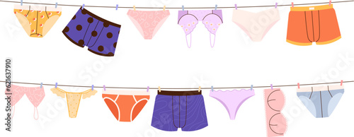 Underwear on rope. Male female panties and bras hanging on clothesline, lingerie washing set. Cartoon fashion underpants vector elements