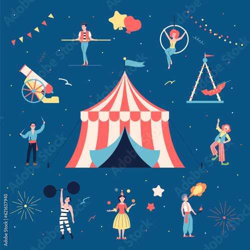 Circus show background, street theater performers artists. Flat festival actors, clown, mime and acrobat. Cartoon performance recent vector characters